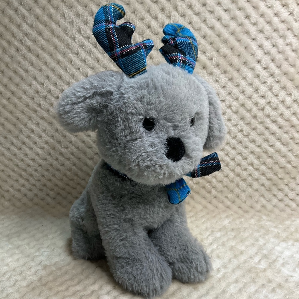 Gitzy Grey Plush Dog W Blue Tartan Antlers and Scarf Stuffed Animal Toy
